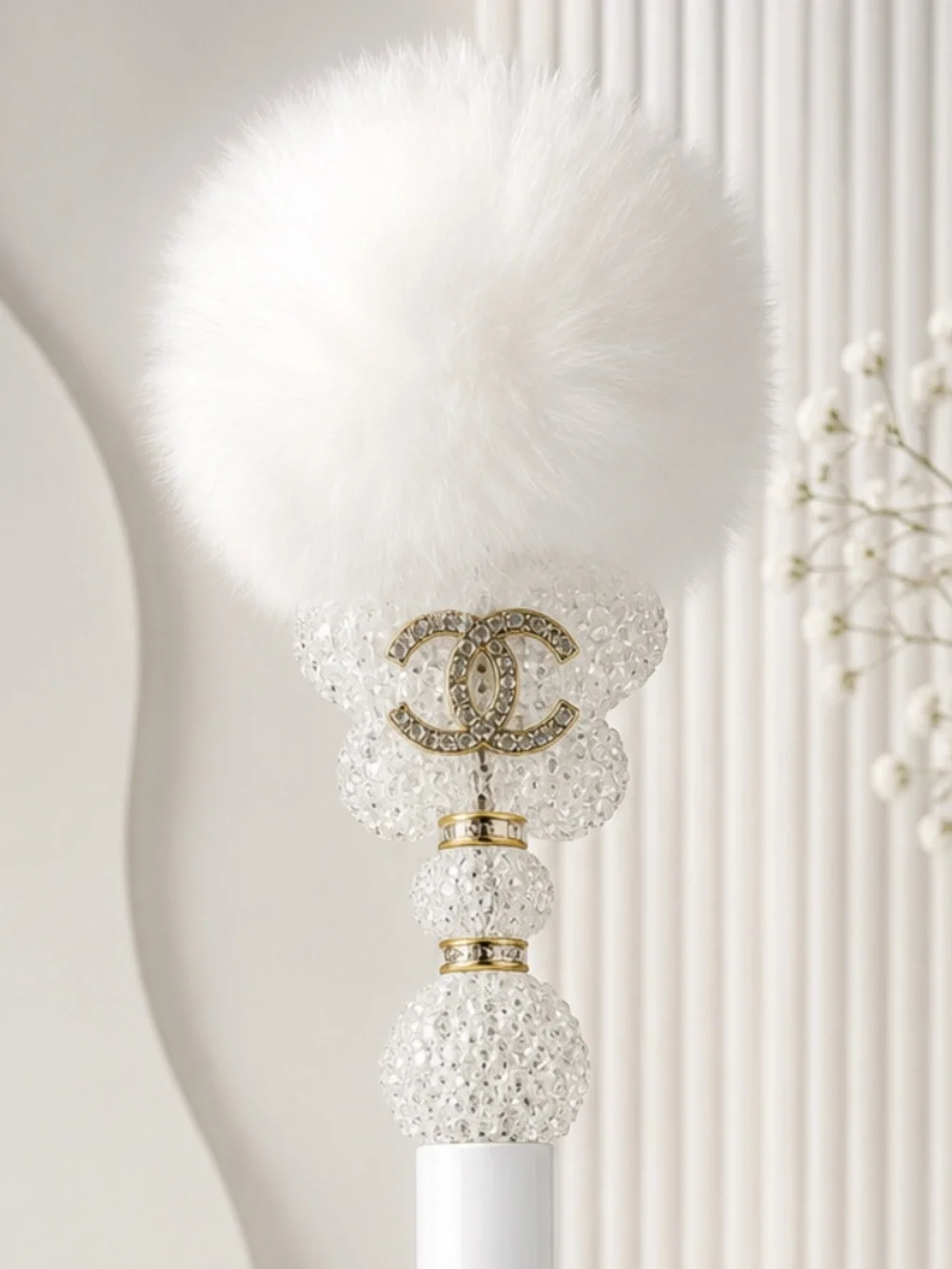 Elegant White Crystal Pom Pom Beaded Pen